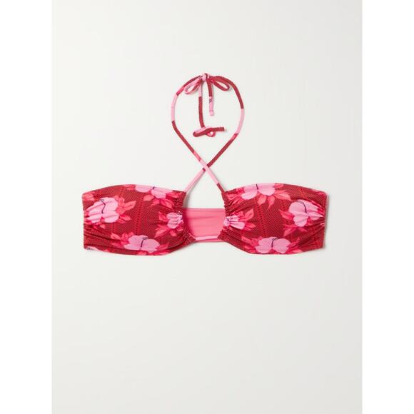 Fisch Pinel Ruched Floral print Stretch-econyl Halterneck Bikini Top Papaya - S - Picture 1 of 6